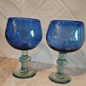 Hand Blown Blue Glass Goblets